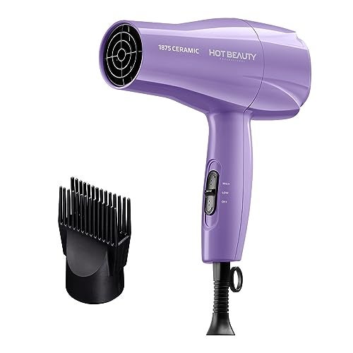 Hot Beauty 1875 Ceramic Hair Dryer, Powerful Fast Drying, Multi-Setting with Comb Attachment, Additional Detangler Included, Slide Bar Switch, Compact for Home & Travel (Purple) - Image 1