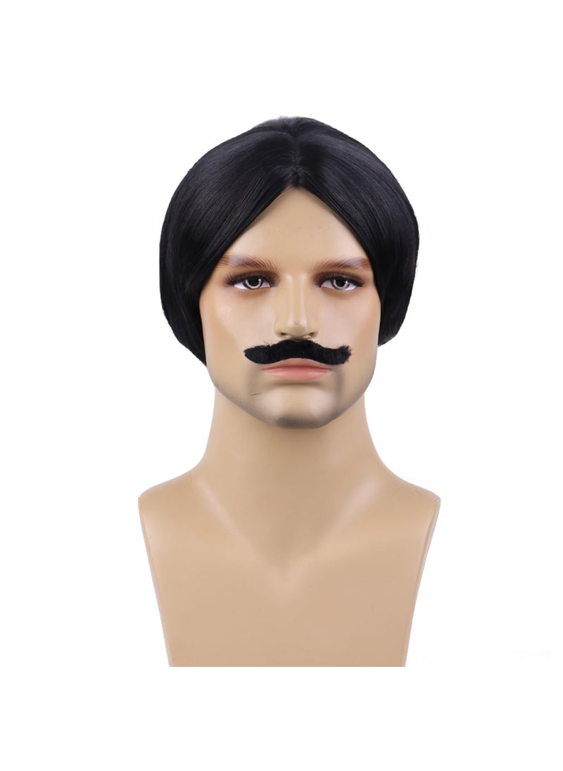 BERON BERON Men Black Wigs and Mustache Short Straight Black Wig for Man Male Halloween Costume Party Wigs 