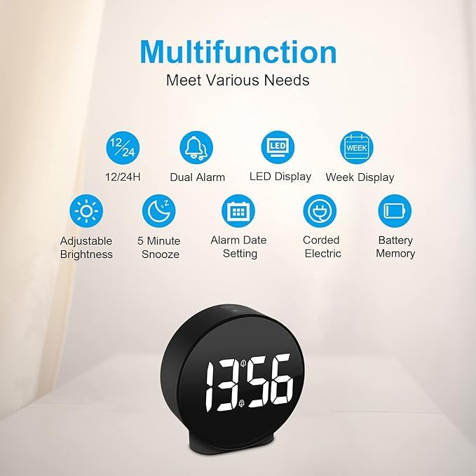 BLURISM LED Digital Clock Bedroom Round Table Clock with Snooze Calendar 1224H Week Digital Bedroom Clock Battery Powered Bedroom Alarm Clock - Image 5