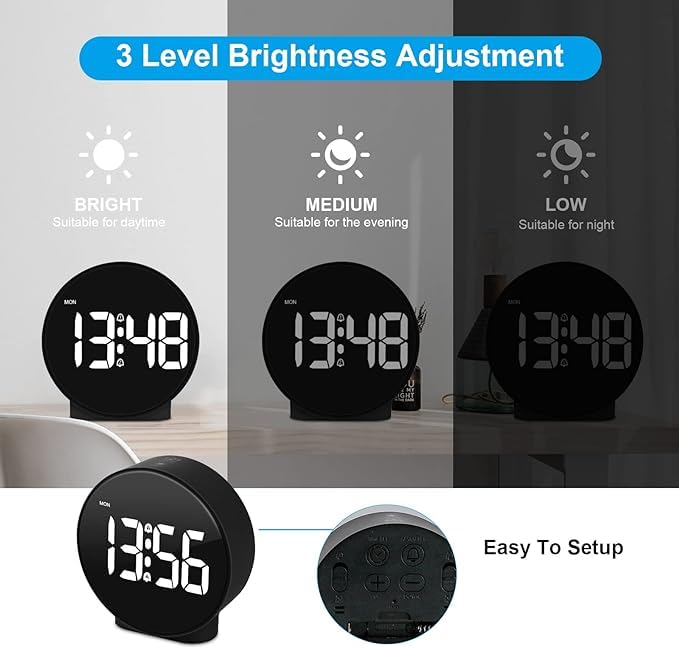 BLURISM LED Digital Clock Bedroom Round Table Clock with Snooze Calendar 1224H Week Digital Bedroom Clock Battery Powered Bedroom Alarm Clock - Image 4
