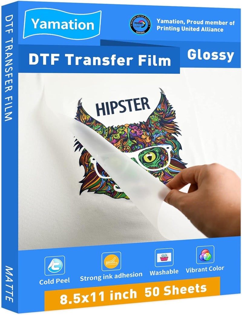 Yamation DTF Transfer Film Glossy: 8.5" x 11"inch 50 Sheets PET Paper Glossy Clear Cold Peel Direct to Film Transfer Film for Tshirt - Image 1