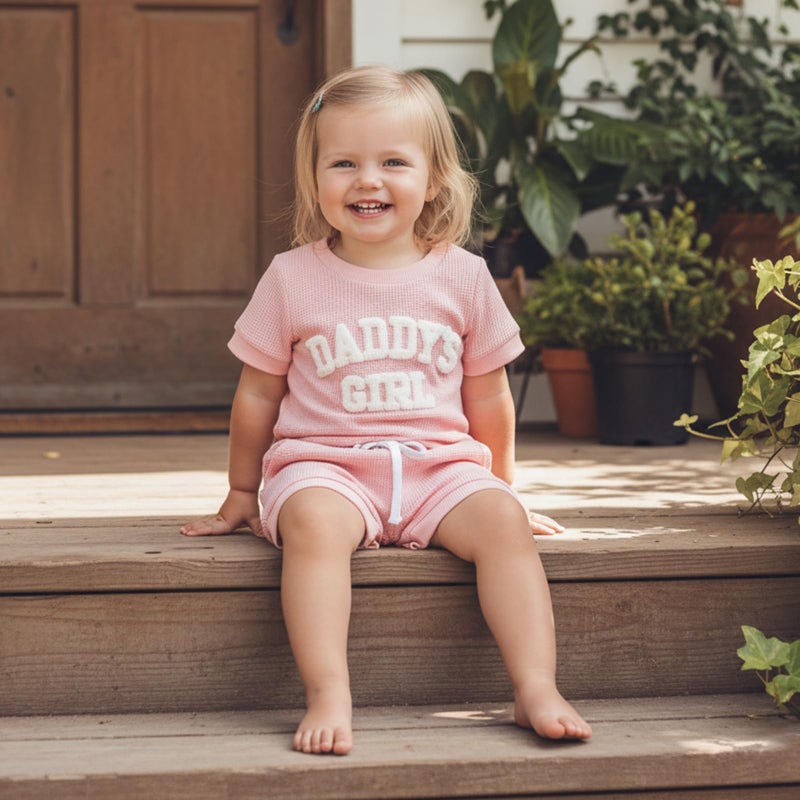 allshope Newborn Baby Girl Summer Outfit Set Romper Daddy Girl Embroidery Jumpsuit Tops Shorts Infant Waffle Clothes (Color Pink, 0-3 Months) - Image 5
