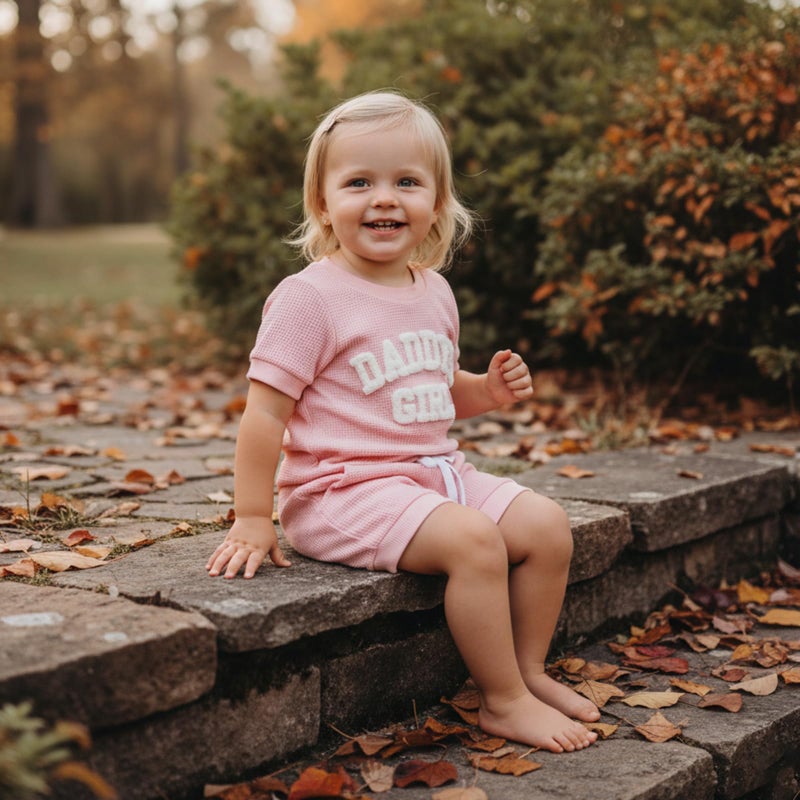 allshope Newborn Baby Girl Summer Outfit Set Romper Daddy Girl Embroidery Jumpsuit Tops Shorts Infant Waffle Clothes (Color Pink, 0-3 Months) - Image 2