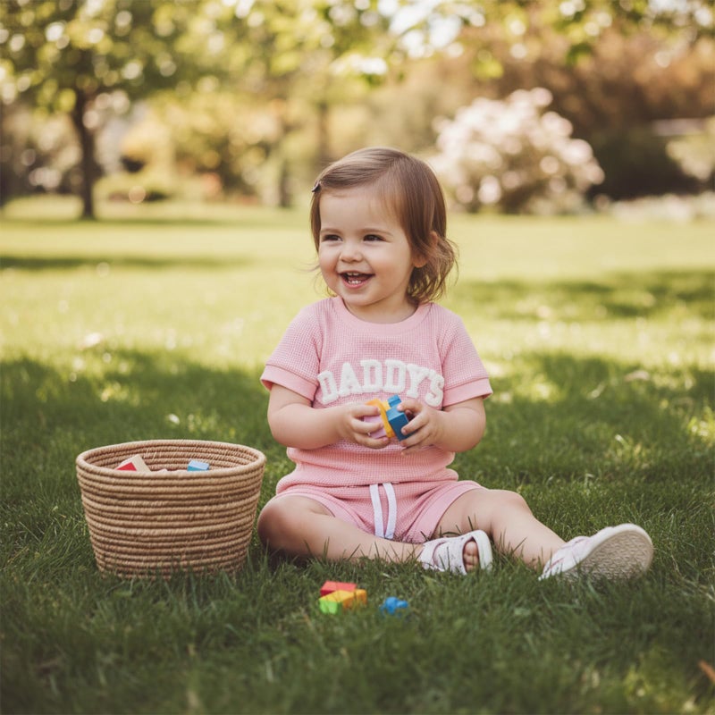 allshope Newborn Baby Girl Summer Outfit Set Romper Daddy Girl Embroidery Jumpsuit Tops Shorts Infant Waffle Clothes (Color Pink, 0-3 Months) - Image 3