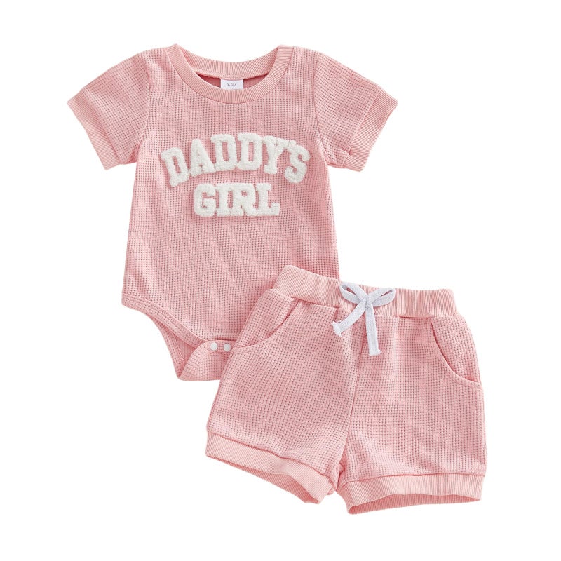 allshope Newborn Baby Girl Summer Outfit Set Romper Daddy Girl Embroidery Jumpsuit Tops Shorts Infant Waffle Clothes (Color Pink, 0-3 Months) - Image 1