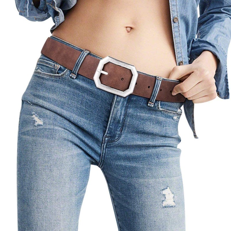 Ssumday Womens Girl Female Ladies Reversible Faux Leather Brown Tan Belts for Jeans Pants with Vintage Silver Buckle and Plus Size(2-L) - Image 3