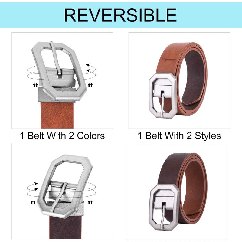 Ssumday Womens Girl Female Ladies Reversible Faux Leather Brown Tan Belts for Jeans Pants with Vintage Silver Buckle and Plus Size(2-L) - Image 2