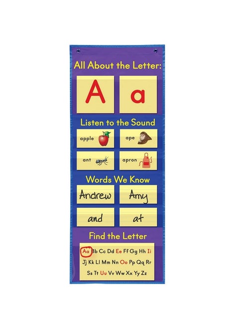 All About Letters Pocket Chart - 14" X 37" -Alphabet Learning - Practice Letter Sounds And Reading Basics- Grommets & Magnetic Strip For Easy Hanging, Elementary Classroom Must Haves
