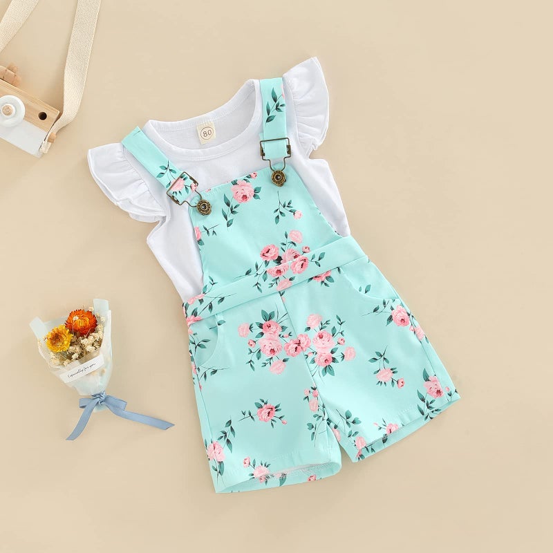 Gureui Baby Girl Summer Clothes T-Shirt Tops Suspender Flower Overalls Shorts Toddler Infant Outfit Floral 18-24 Months - Image 3