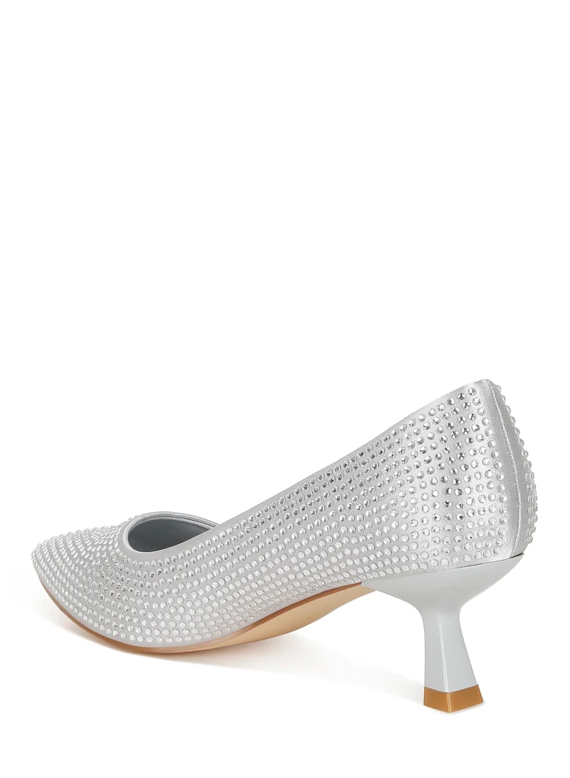 London Rag Rhinestones Embellished Kitten Heel Pumps in Silver
