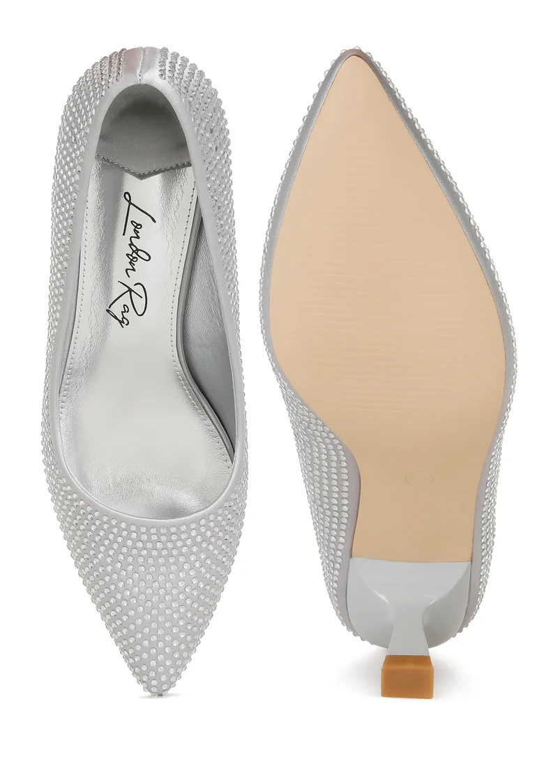 London Rag Rhinestones Embellished Kitten Heel Pumps in Silver