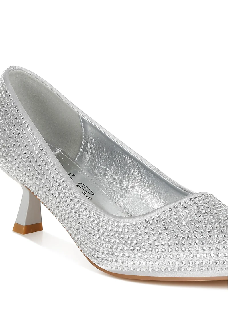 London Rag Rhinestones Embellished Kitten Heel Pumps in Silver
