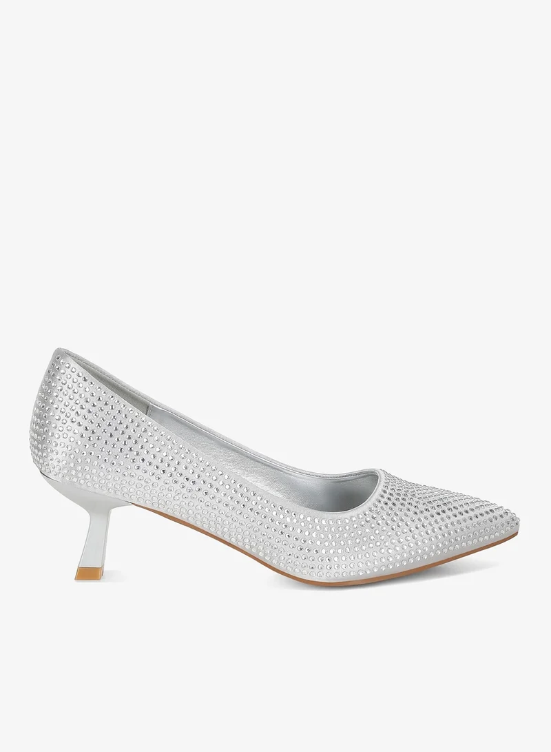 Rhinestones Embellished Kitten Heel Pumps in Silver