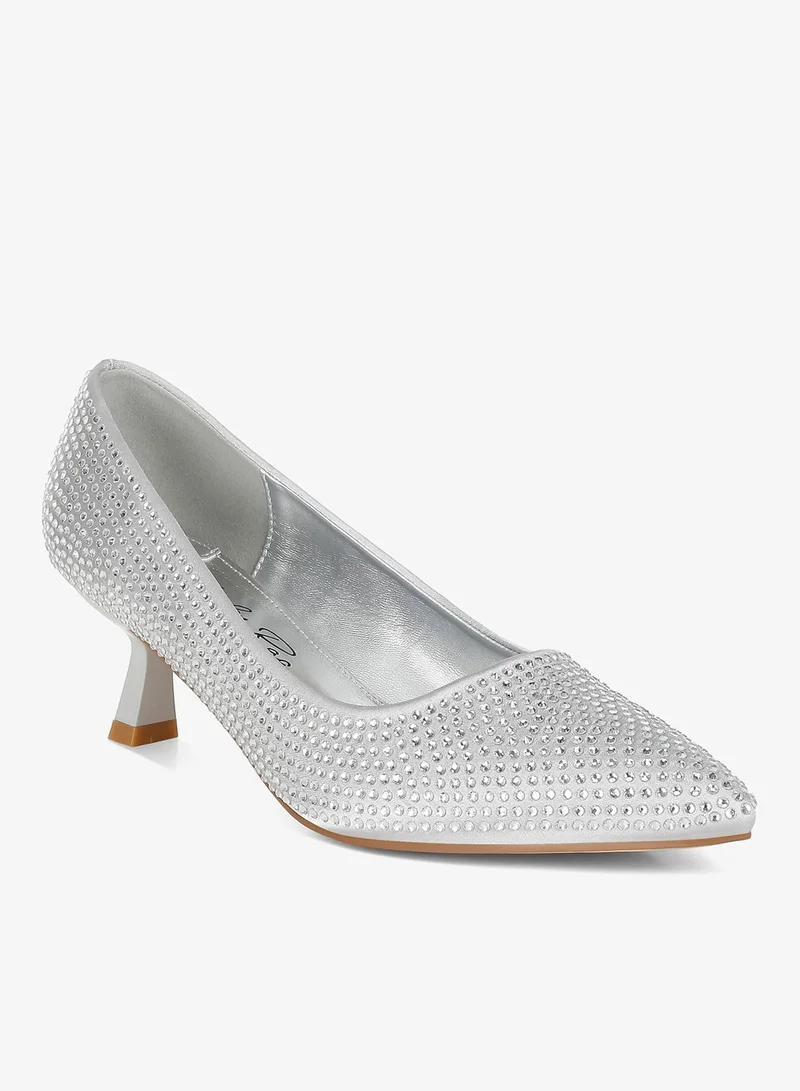 London Rag Silver Rhinestones Embellished Kitten Heel Pumps in Silver for Women | Best Price UAE