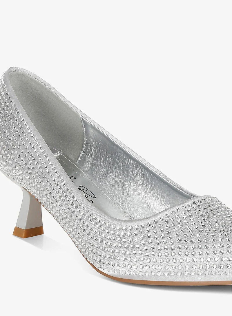 London Rag Silver Rhinestones Embellished Kitten Heel Pumps in Silver for Women | Best Price UAE