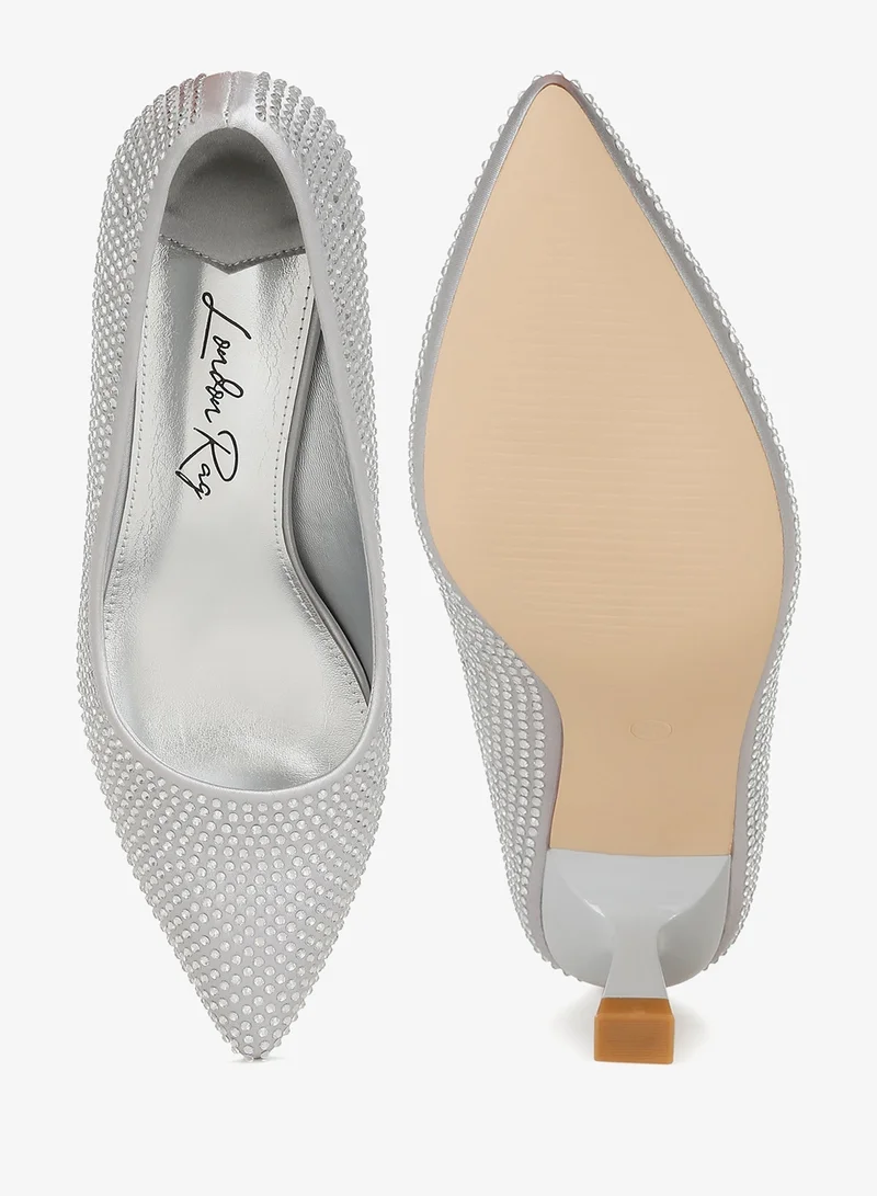 London Rag Silver Rhinestones Embellished Kitten Heel Pumps in Silver for Women | Best Price UAE
