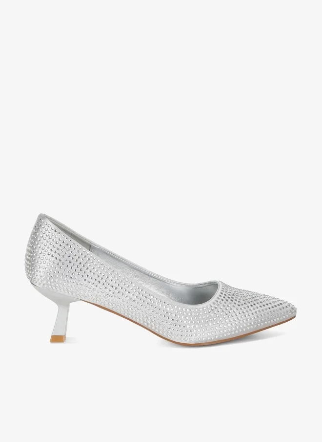 Rhinestones Embellished Kitten Heel Pumps in Silver