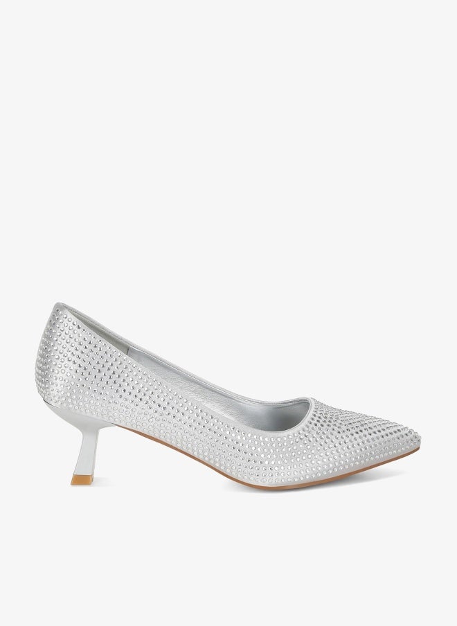 لندن راج حذاء بكعب صغير مزين بأحجار الراين باللون الفضي - Image 1