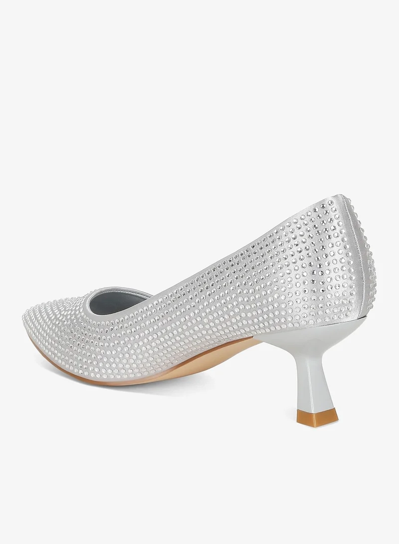 London Rag Silver Rhinestones Embellished Kitten Heel Pumps in Silver for Women | Best Price UAE
