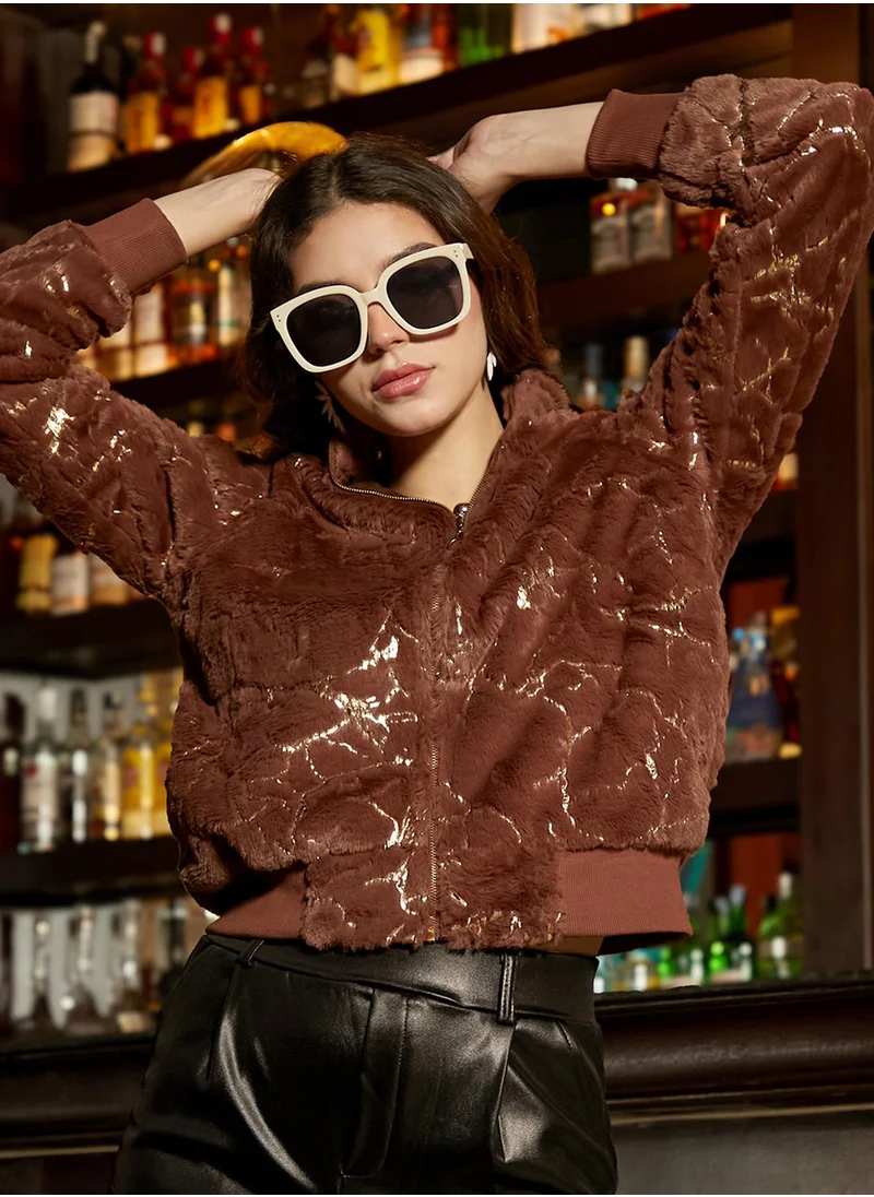 كامبوس سوترا Women's Chocolate Brown Metallic-Veined Fur Jacket