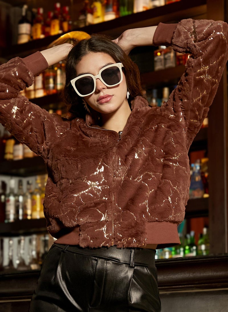 كامبوس سوترا Women's Chocolate Brown Metallic-Veined Fur Jacket  - Image 1