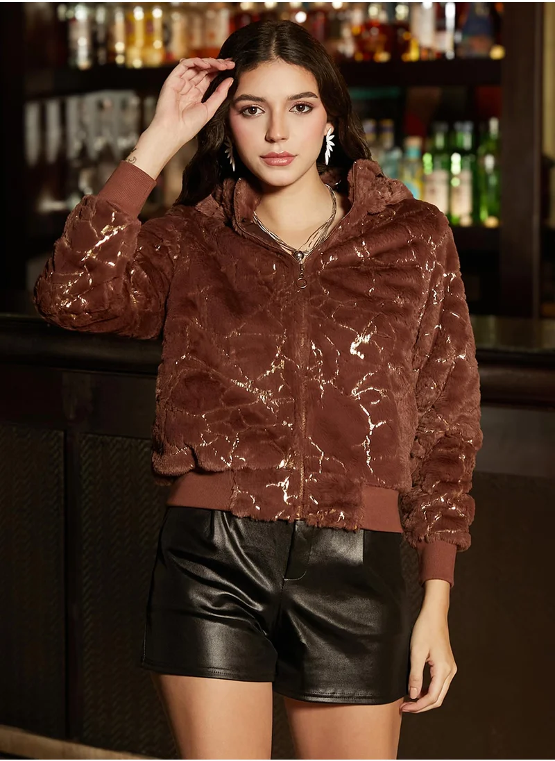 كامبوس سوترا Women's Chocolate Brown Metallic-Veined Fur Jacket