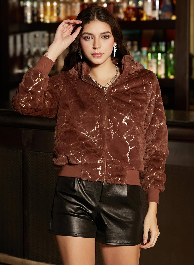 كامبوس سوترا Women's Chocolate Brown Metallic-Veined Fur Jacket  - Image 2