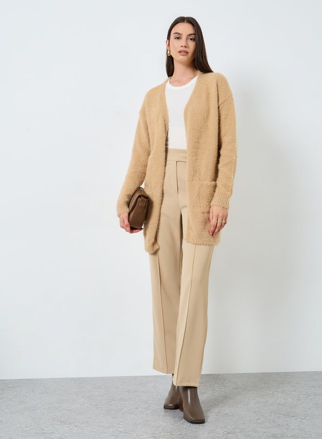 Take Two Khaki Furry Knit Longline Cardigan - Image 2