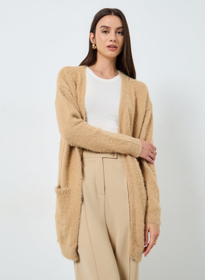 Take Two Khaki Furry Knit Longline Cardigan - Image 3