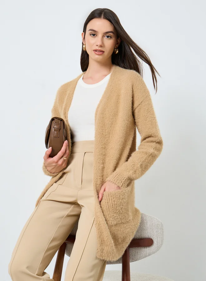 Take Two Khaki Furry Knit Longline Cardigan