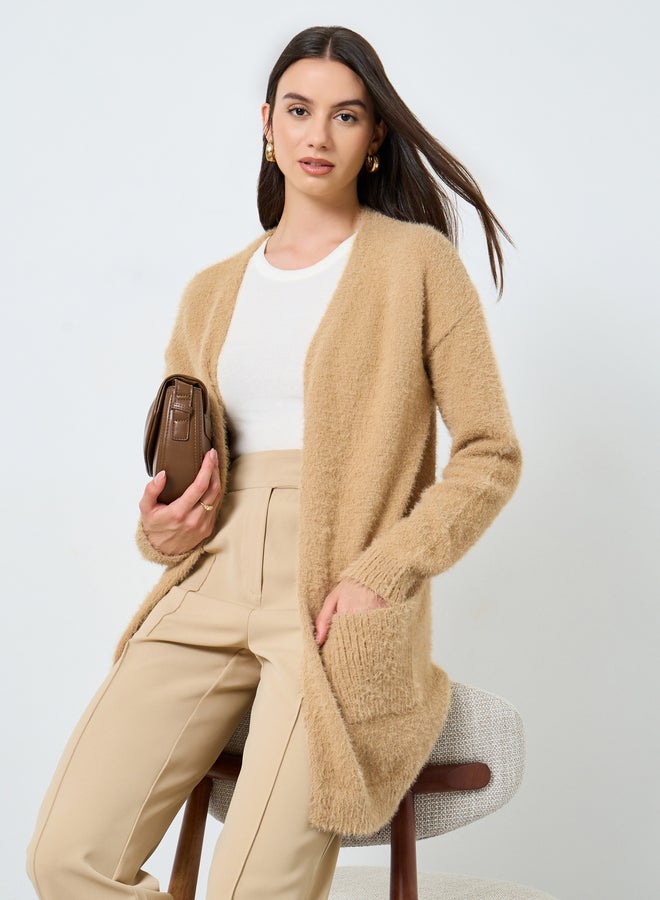 Take Two Khaki Furry Knit Longline Cardigan - Image 1