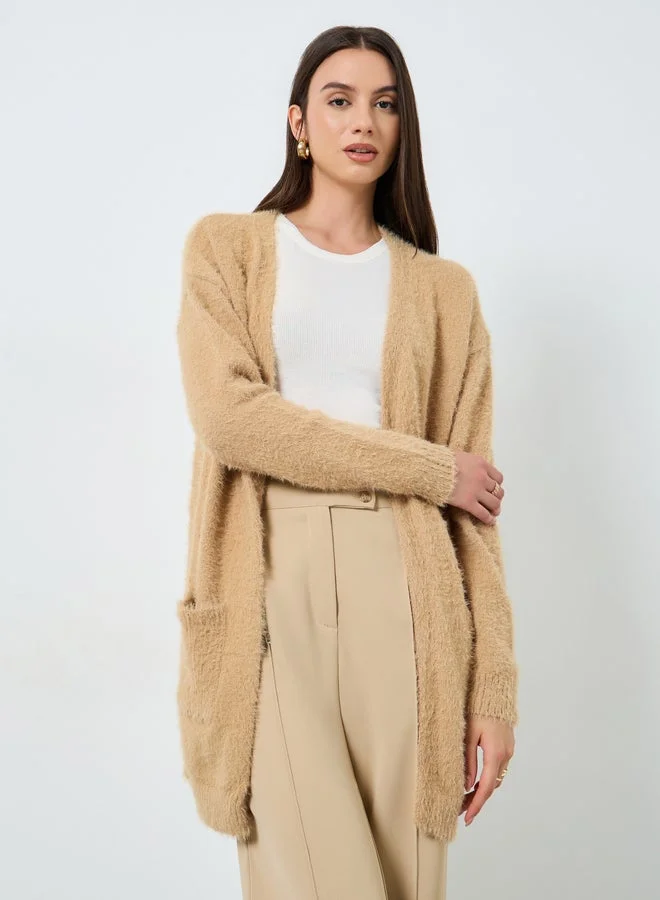 Take Two Take Two Khaki Furry Knit Longline Cardigan