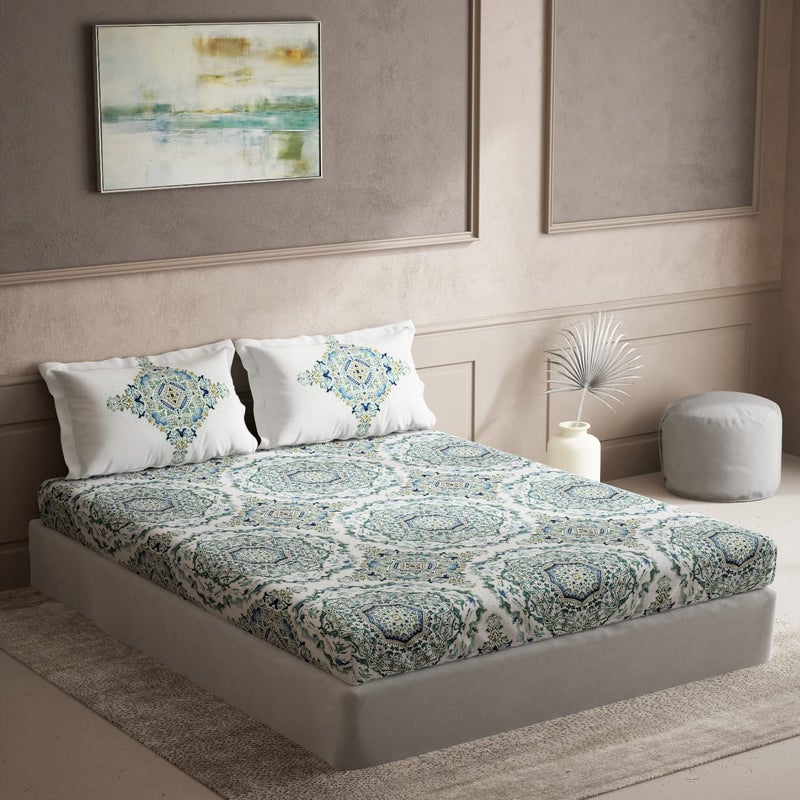 DDECOR Live beautiful Ddecor Pack of 1 Superia Ethnic 100 Cotton Double Bedsheet with 2 Pillow Covers Green  - Image 1