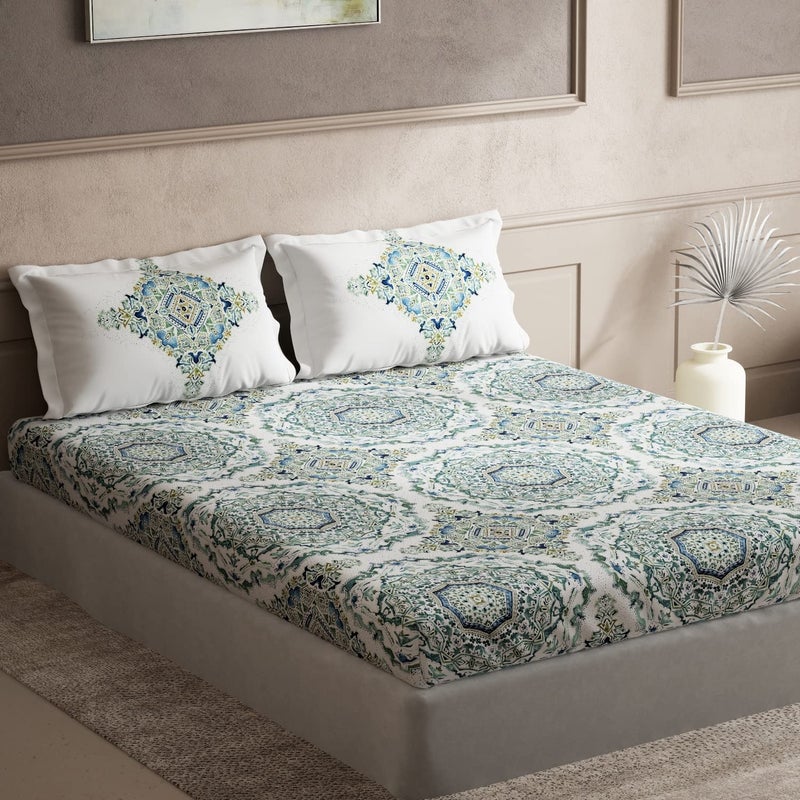 DDECOR Live beautiful Ddecor Pack of 1 Superia Ethnic 100 Cotton Double Bedsheet with 2 Pillow Covers Green  - Image 2