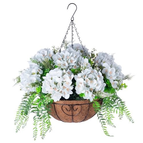Ammyoo Artificial Flowers in Hanging Basket Planter for Home Spring Summer Decoration Silk Hydrangea Outdoor Indoor Arrangements 12 Metal Coconut Lining Basket with Faux PlantLight Green - Image 1