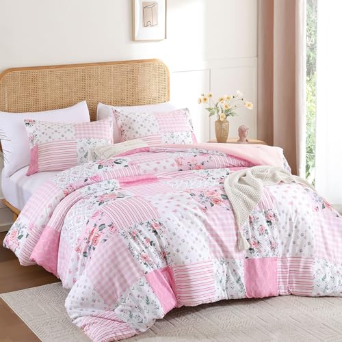 YIKUSH King Comforter Set - Pink Spring Floral Comforter King Size Patchwork Flower Cozy Bedding Set 3 Pieces for All Season, Cute Pattern 1 Comforter (104"x90") and 2 Pillow Shams (20"x36") - Image 2