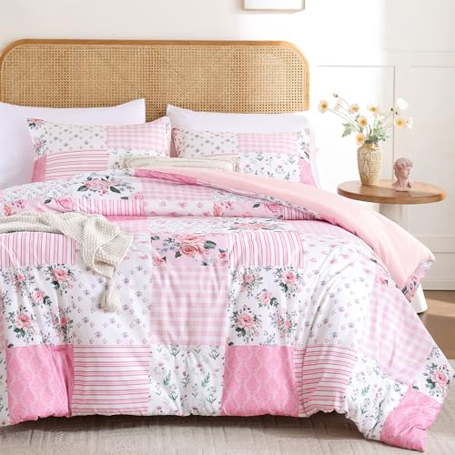 YIKUSH King Comforter Set - Pink Spring Floral Comforter King Size Patchwork Flower Cozy Bedding Set 3 Pieces for All Season, Cute Pattern 1 Comforter (104"x90") and 2 Pillow Shams (20"x36") - Image 1