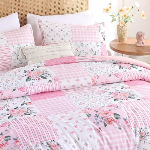 YIKUSH King Comforter Set - Pink Spring Floral Comforter King Size Patchwork Flower Cozy Bedding Set 3 Pieces for All Season, Cute Pattern 1 Comforter (104"x90") and 2 Pillow Shams (20"x36") - Image 4