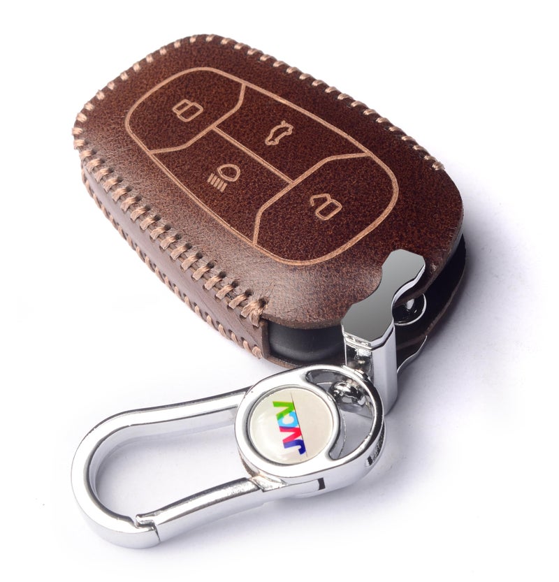 JVCV® Car Styling Soft Handmade Leather Key Cover Compatible with Tata Nexon, Harrier, Tiago EV, Altroz, Tigor, Safari, Nexon EV, Punch, Punch EV 4 Button Smart Key (Brown) - Image 1