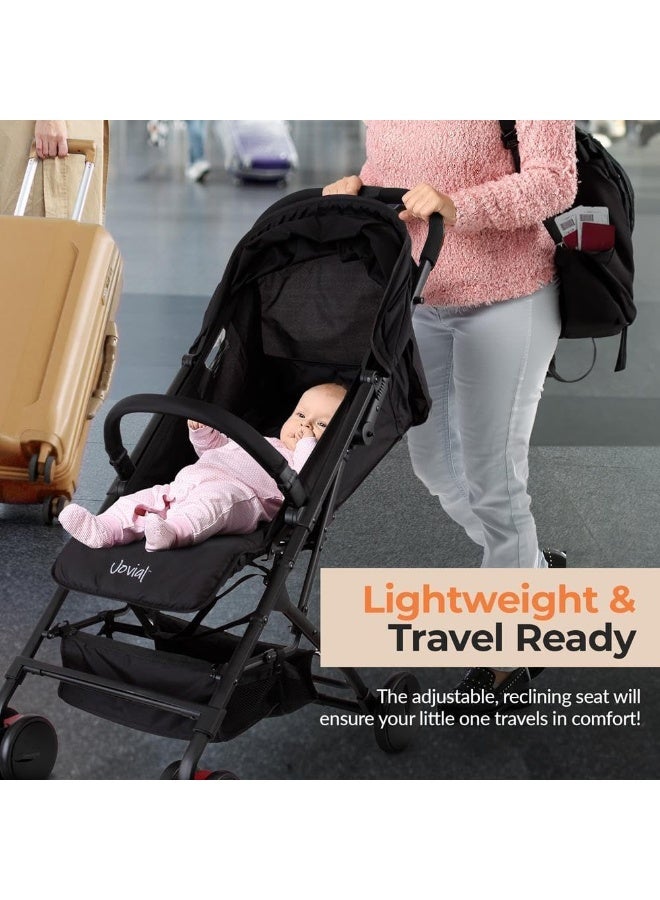 Jovial Lightweight Travel Baby Stroller - One-Hand Folding Compact Stroller with Multi-Position Reclining System - Retractable Sun Canopy, Extra-Large Storage Basket - Includes Airplane Storage Bag - Image 5