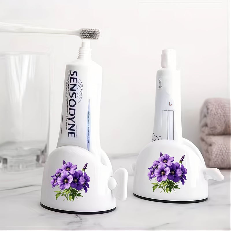 Purple Floral Pattern Easy Squeeze Toothpaste Dispenser Manual Bathroom Accessory - Image 4