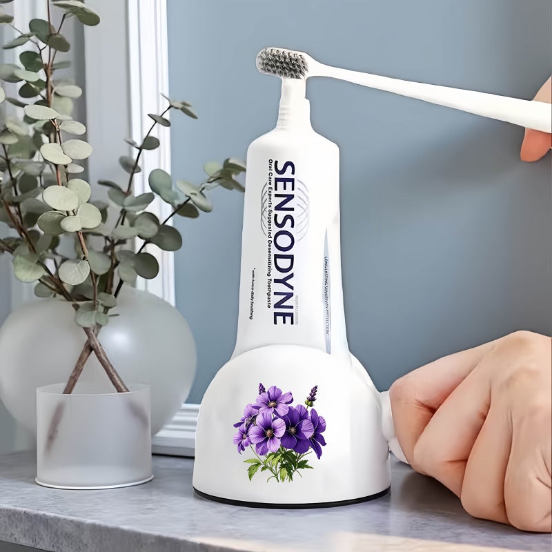 Purple Floral Pattern Easy Squeeze Toothpaste Dispenser Manual Bathroom Accessory - Image 2