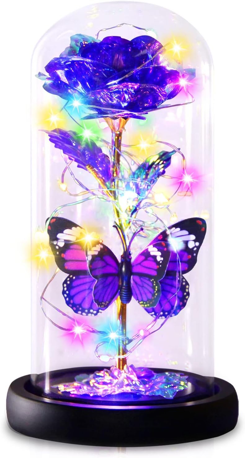 S SMITEX Smitex Valentines Day Rose Flowers Valentines Day Gifts for Wife Mom Girlfriend Galaxy Crystal Light Up Rose in A Glass Dome I Love You Butterfly Birthday Gifts for Women Purple - Image 1