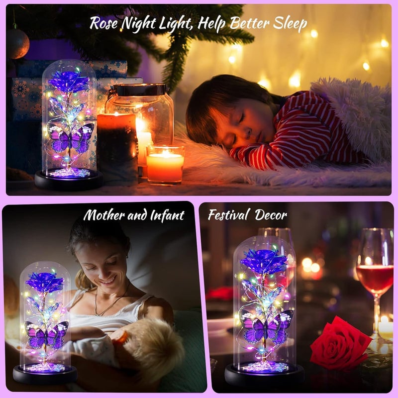 S SMITEX Smitex Valentines Day Rose Flowers Valentines Day Gifts for Wife Mom Girlfriend Galaxy Crystal Light Up Rose in A Glass Dome I Love You Butterfly Birthday Gifts for Women Purple - Image 4
