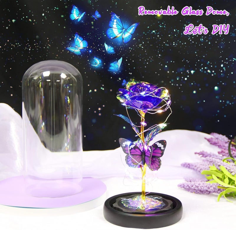 S SMITEX Smitex Valentines Day Rose Flowers Valentines Day Gifts for Wife Mom Girlfriend Galaxy Crystal Light Up Rose in A Glass Dome I Love You Butterfly Birthday Gifts for Women Purple - Image 3