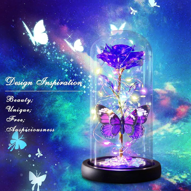 S SMITEX Smitex Valentines Day Rose Flowers Valentines Day Gifts for Wife Mom Girlfriend Galaxy Crystal Light Up Rose in A Glass Dome I Love You Butterfly Birthday Gifts for Women Purple - Image 5