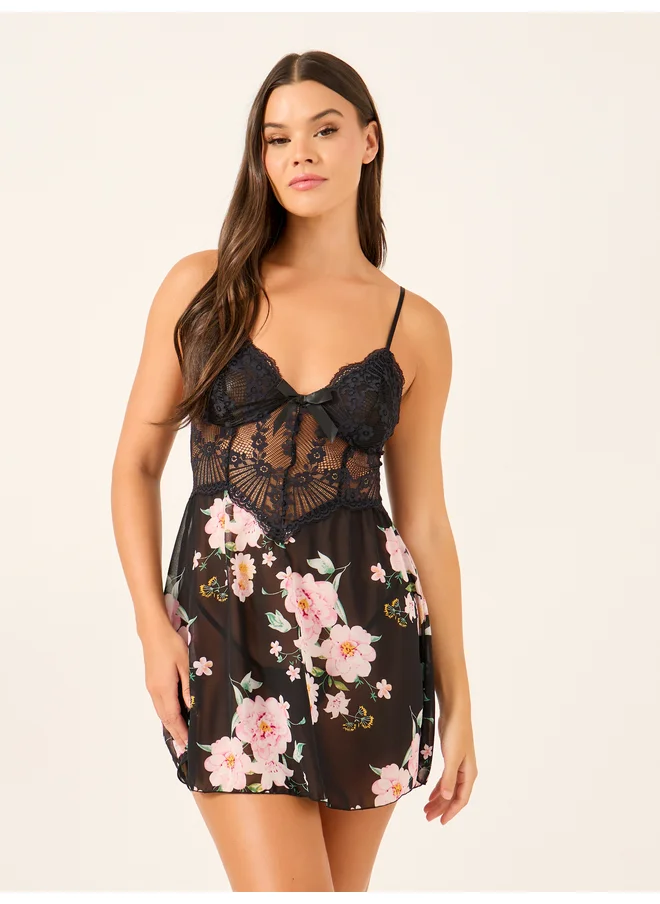 ستايلي Styli Floral Printed and Lace Panel Babydoll with Briefs