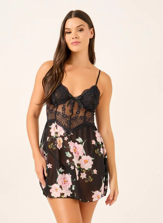 Styli Floral Printed and Lace Panel Babydoll with Briefs