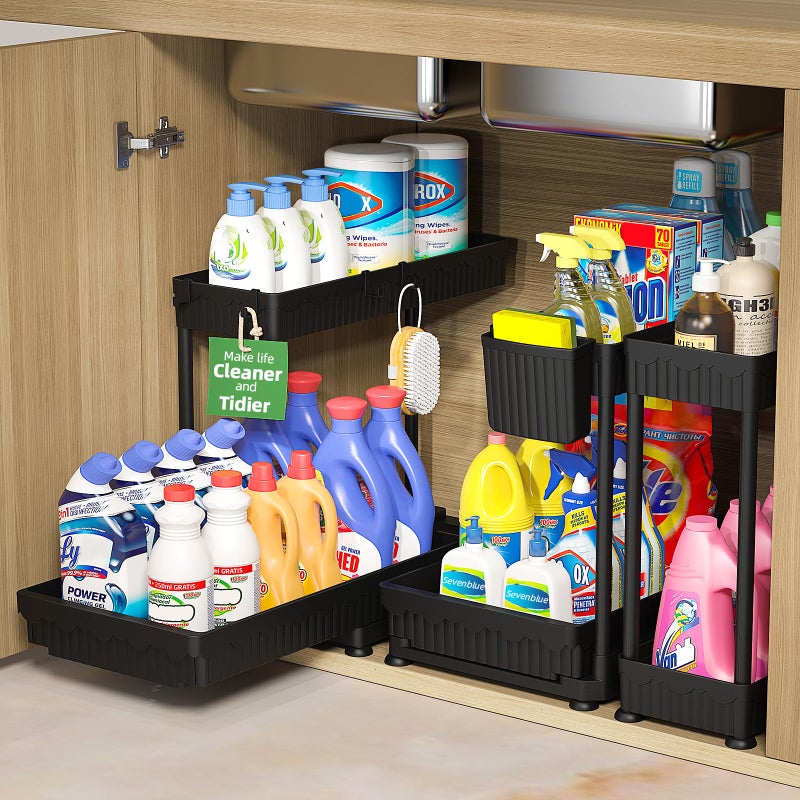 Sevenblue 3 Pack Multi-Purpose Pull-Out Storage Organizers, 2-Tier L-Shaped Under Sink/Cabinet Organizers and Storage for Bathroom & Kitchen, Black, 12.8 Inches - Image 1