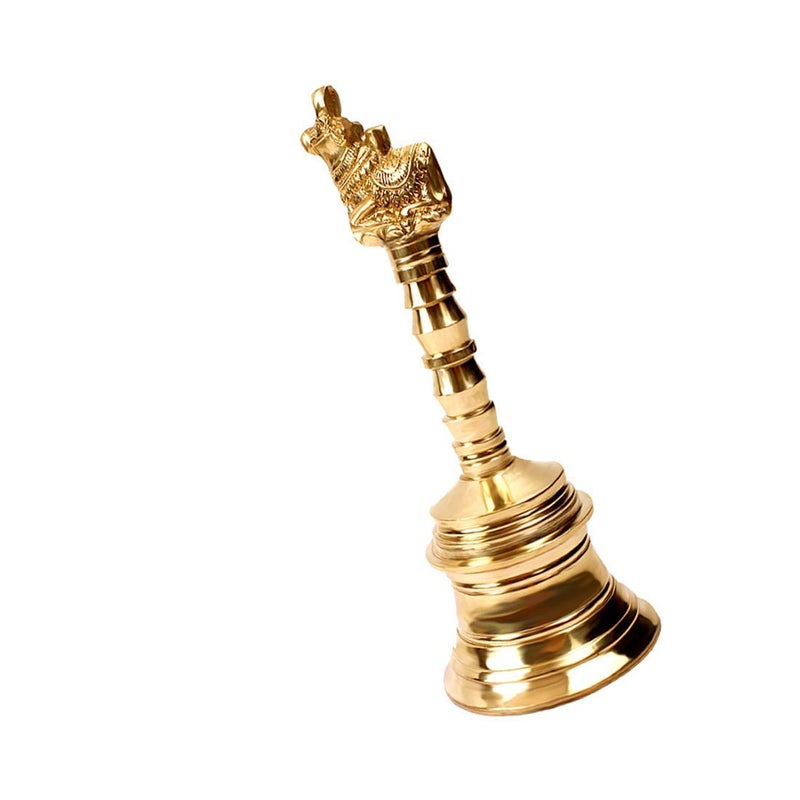 ROLIMOLI Brass Nandi Bell Hand Held Puja Ghanti Feng Shui Vastu Religious Bell for Temple Home Use Gold Finish (8.5cm) - Image 2